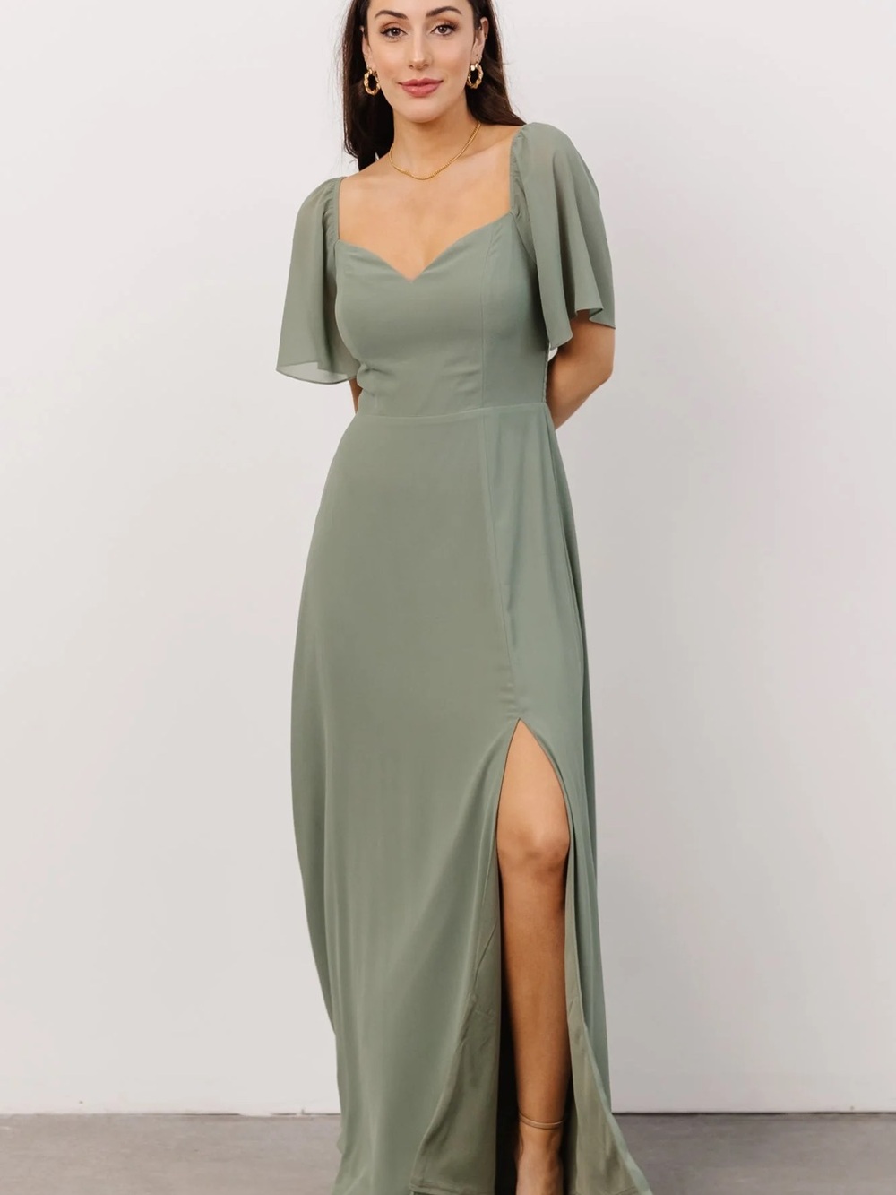 Baltic Born Sage Green Sierra Sweetheart Maxi Dress with Flutter Sleeves